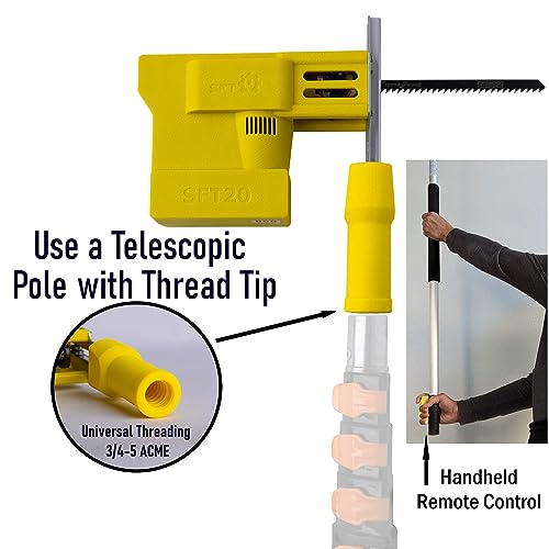 SFT20-2 Saw Head on a Telescopic Pole, and how a user to hold the pole and the Remote Control